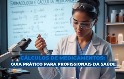 Profissional de saúde realizando cálculo de medicamentos em laboratório, com equipamentos e fórmulas ao fundo.