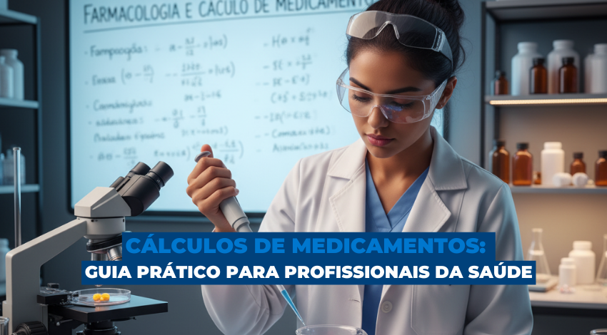 Profissional de saúde realizando cálculo de medicamentos em laboratório, com equipamentos e fórmulas ao fundo.